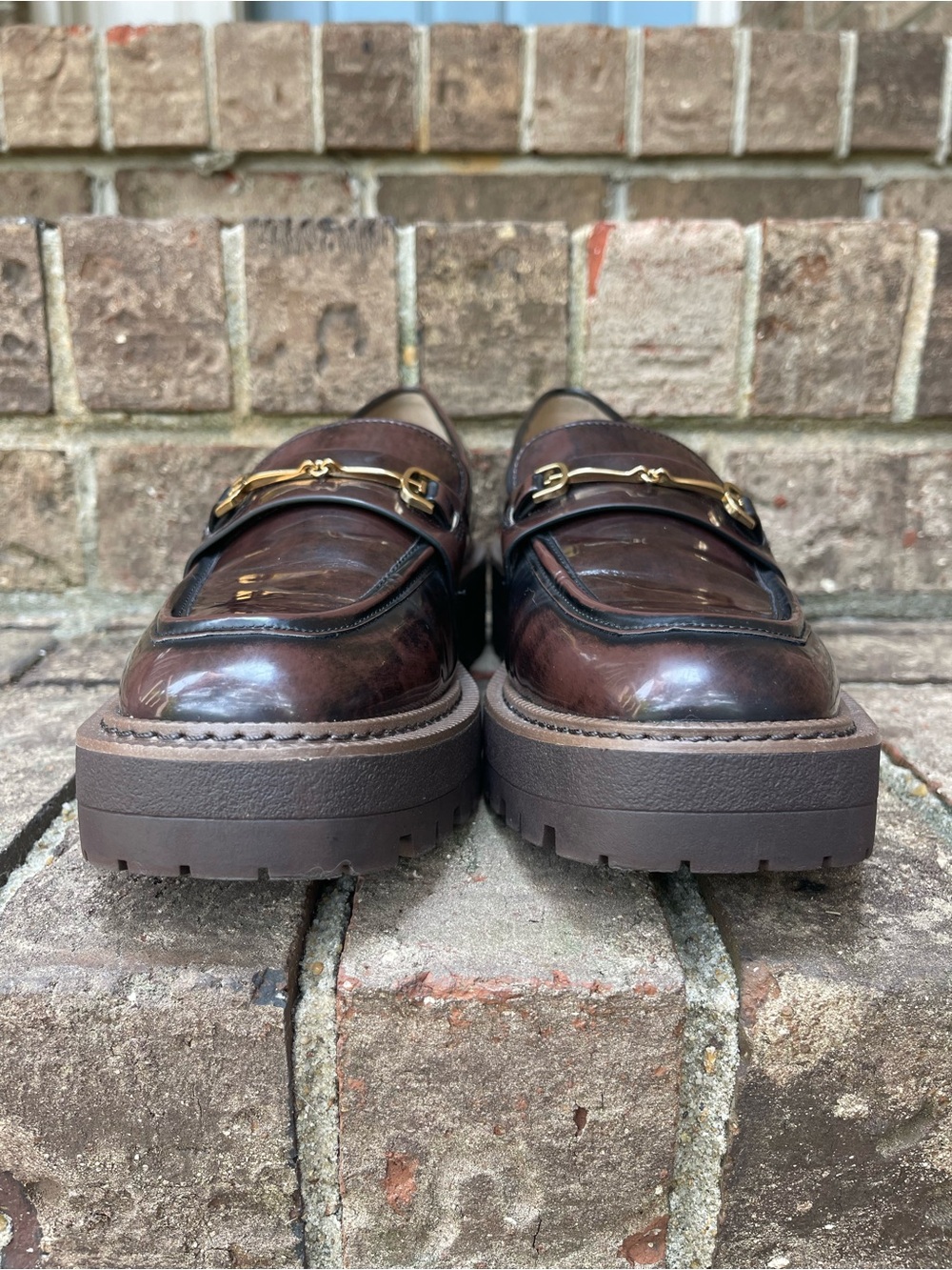 Sam Edelman Brown Lug Sole Horsebit Loafers Glossy Platform Shoes Women’s 8.5 - Picture 16 of 16